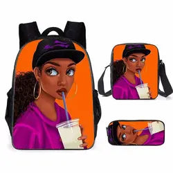 3pcs/set School Bags Kids Black Art African Girl Printing School Bagpack Children Shoulder Book Bags Satchel