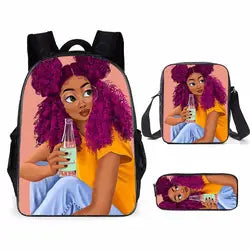 3pcs/set School Bags Kids Black Art African Girl Printing School Bagpack Children Shoulder Book Bags Satchel