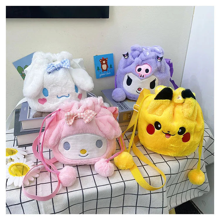 New Sanrios Cute Cartoon Plush Doll Backpack Soft Drawstring Bag for Girls Gift with Stuffed Animal Feature