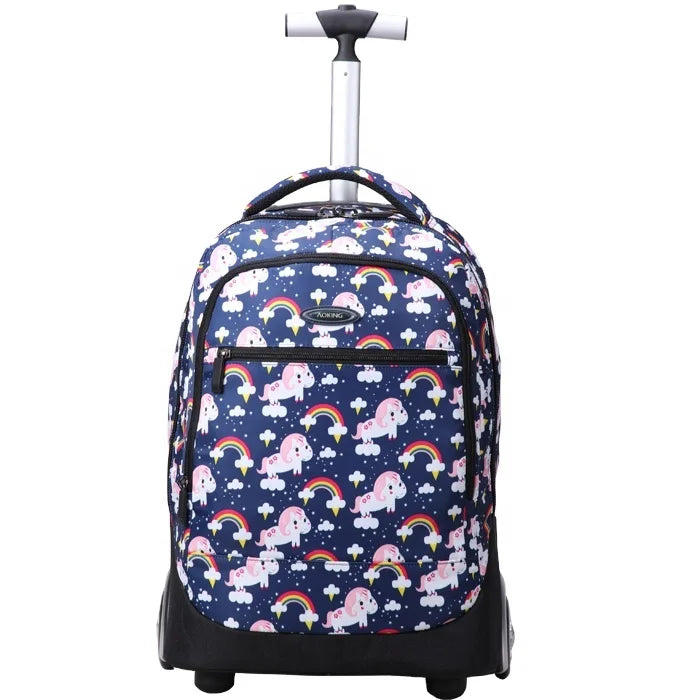 2022 Aoking Digital Printed Fashion Mochilas Escolares Con Ruedas Girls Trolley School Bag with Hidden Pocket