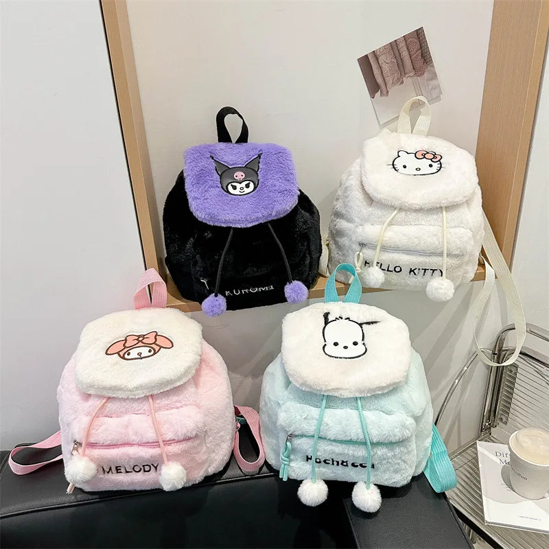 New Cute Kulomi Large Capacity Hello KT Plush Backpack Girls' Soft Cotton Cartoon Embroidered Backpack