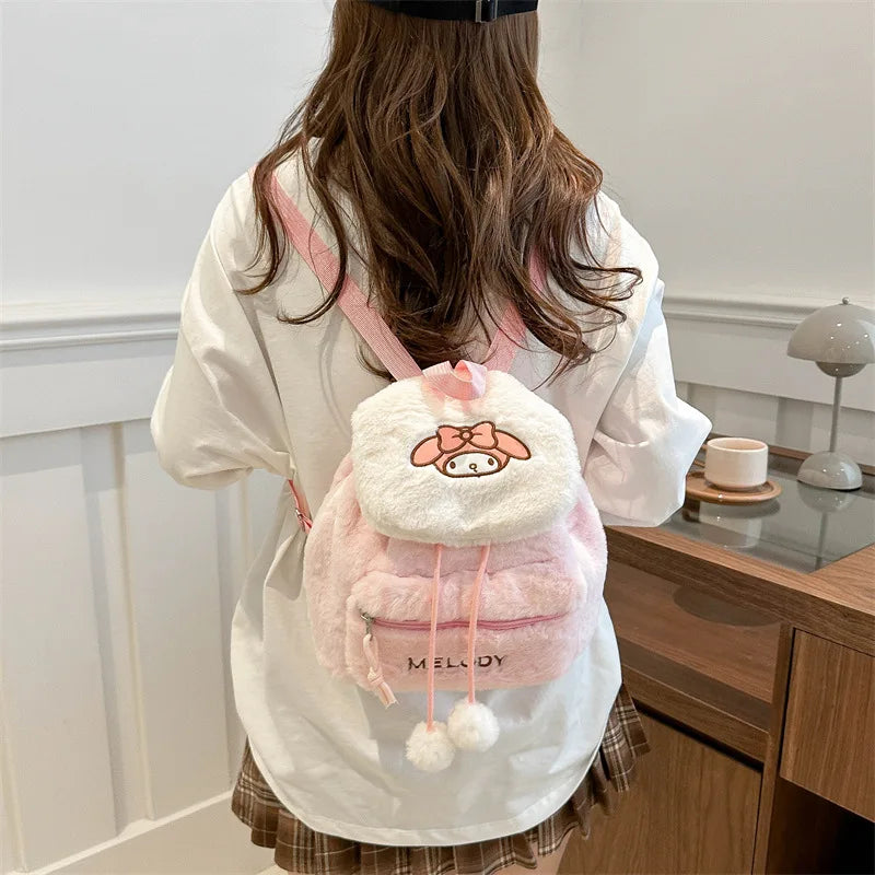 New Cute Kulomi Large Capacity Hello KT Plush Backpack Girls' Soft Cotton Cartoon Embroidered Backpack