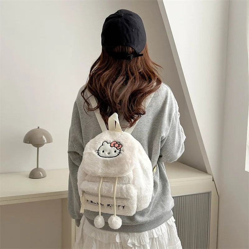 New Cute Kulomi Large Capacity Hello KT Plush Backpack Girls' Soft Cotton Cartoon Embroidered Backpack