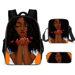 3pcs/set School Bags Kids Black Art African Girl Printing School Bagpack Children Shoulder Book Bags Satchel