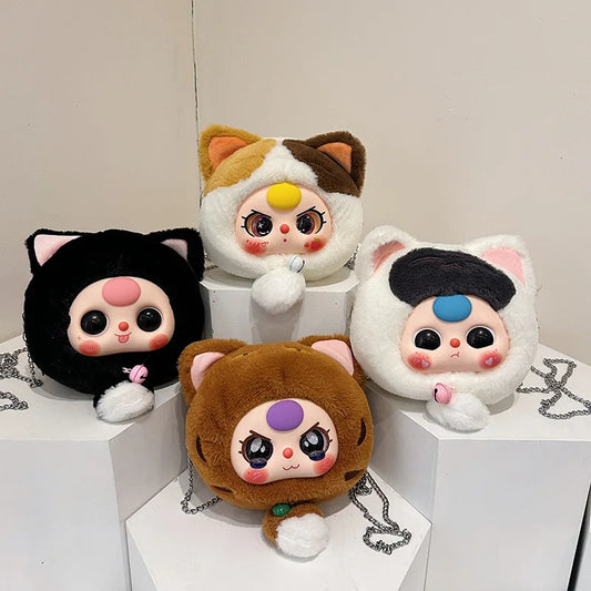 Cartoon Baby Three Plush Bag Lucky Cat Zipper Storage Messenger Bag Kawaii Cosplay Plush Crossbody Bag for Kids Birthday Gifts