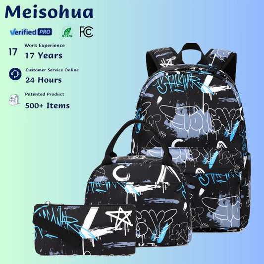 Black Graffiti Trendy Fashion Kids Schoolbag Durable Teenager Backpack Large Capacity Daily Usage Waterproof Polyester Top Sale