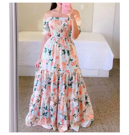 2023 Summer Europe Women Short Sleeve Off Shoulder Sexy Floral Dress Butterfly Printed Causal Loose Plus Size Lady Long Dress