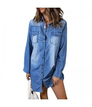 Spring Street Wear Pocket Long Sleeve Turn-down Collar Simple Jeans Women Casual Denim Jeans Dresses