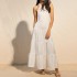 Wholesale casual dress by clothing manufacturers White round neck sleeveless layered hem Summer cotton linen dresses