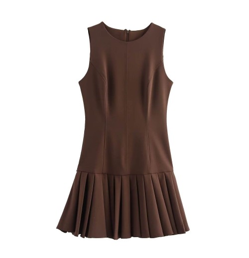 Women's new chic fashion temperament wide pleated design mini dress retro sleeveless O-neck women's dress Vestidos