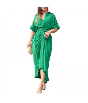 Women's Clothing new 2024 Summer women lapel mid length short sleeve single breasted high waisted shirtdress ladies dresses