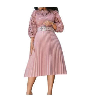 Casual dresses Elegant women's clothing Long Sleeves Hollow Crocheted Hook Lace Pleated plus size women's dresses with Belt