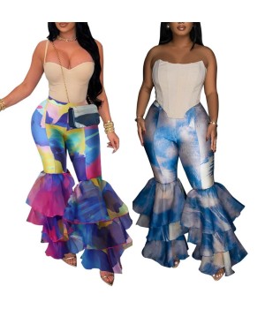 Fashion Tie-dye Print Bell Bottom Pants Ruffled Women's Pants Trousers