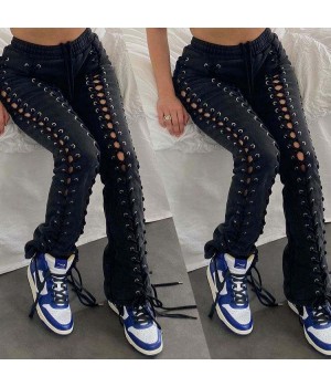 BR1777 Streetwear Sexy Hole Hollow Out women's trousers ladies elastic pencil pants