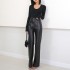 Fashion Straight Leg Pants Casual Loose Women's Trousers Black Genuine Leather Pants