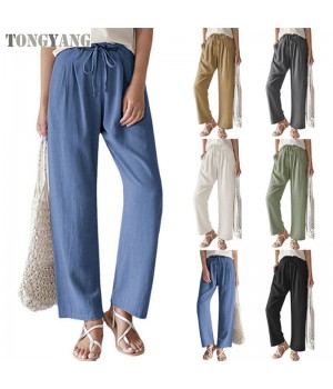 TONGYANG New Women's Wide Leg Palazzo Pants Cotton Linen Drawstring Cropped Pants Trousers Large Loose Cotton Hemp Casual Pants