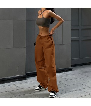 New Design Spring Fashion Plain Casual Loose Drawstring Streetwear Cargo Pants for Women