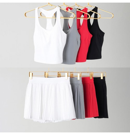 ST0901&0902 Women round-neck Sleeveless Removable Pads Top High Waisted Golf Mini Skirt with Pockets Workout Skirt sets