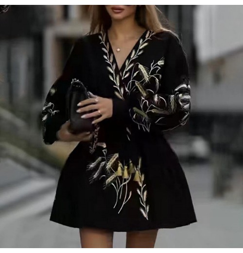 Casual Mini Dress Autumn Women New V Neck Lantern Full Sleeve Sexy Ear Of Wheat Embroidery Cardigan Velvet Holiday Black Dress