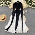 YM6159 New 2024 Autumn Chic Black White Color Long Sleeve Midi Dress Women's Elegant Dresses Clothing 11